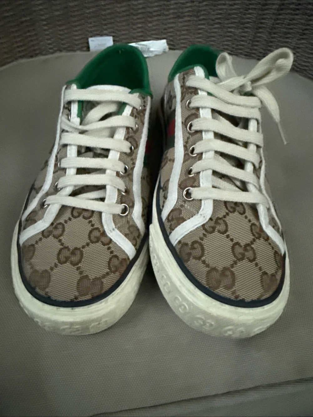 Gucci Brown GG Canvas Sneakers with Green Interior and Red Accent